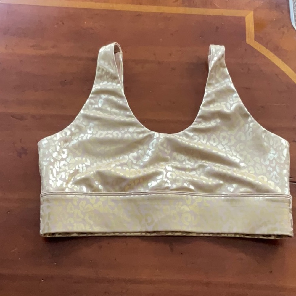 Sports bra, leopard tan with metallic gold Size L NWOT